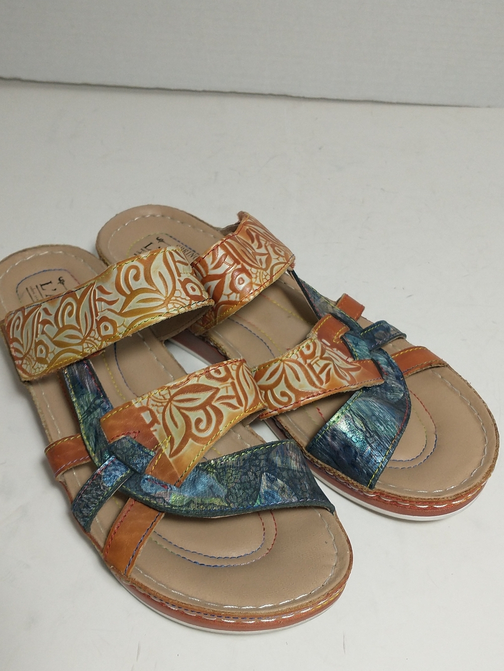 Spring Step L'Artiste Caiman Slide Sandal, Brown/Blue, Size 9.5, Cottagecore